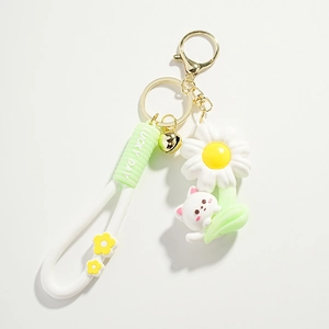 Detail of cartoon cat keychain with Lucky Day silicone strap and golden bell charm