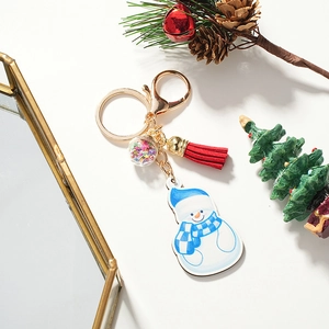 Cute Snowman Keychain Wood Acrylic Keyring With Red Tassel Star Sequin Glass Ball For Backpack Handbag Xmas Gift Decor