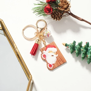 Christmas Santa Claus Wood Alloy Keychain With Red Tassel Glitter Ball Winking Santa Key Ring Holiday Gift Decoration