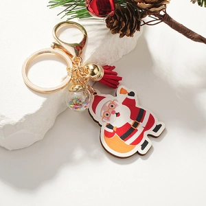 Portachiavi Babbo Natale in legno con nappa rossa e ciondolo a sfera glitterata