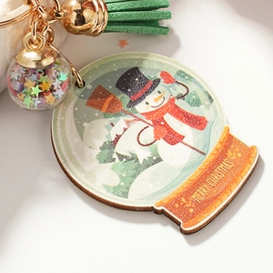 Christmas snowman wooden keychain with sparkling star glass ball and green tassel charm