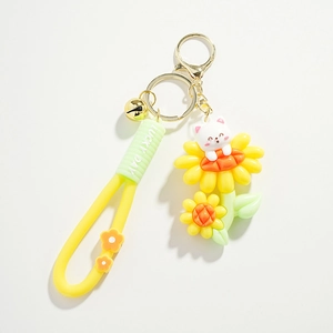 Détail du porte-clés chat tournesol avec clochette dorée et lanière Lucky Day