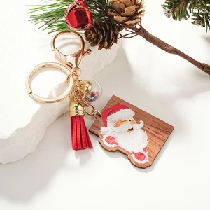 Cute winking Santa Claus wooden keychain with red tassel and glitter ball charm