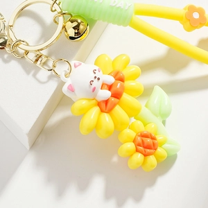 Porte-clés chat tournesol mignon avec dragonne en silicone et clochette dorée