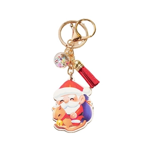 Cartoon Santa Claus wooden keychain with red tassel and sparkling star sequin ball charm