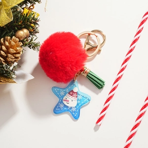 Porte-clés de Noël bonhomme de neige avec pompon rouge, gland vert et pendentif étoile