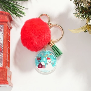 Christmas Snowman Acrylic Pendant Keychain With Red Faux Fur Pom Pom And Green Tassel Gold Metal Key Ring Holiday Bag Charm