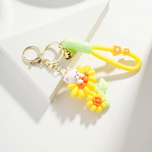 Porte-clés chaton tournesol mignon avec sangle Lucky Day et breloque clochette dorée