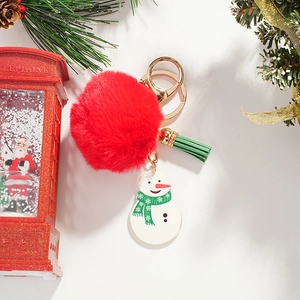 Christmas Snowman Acrylic Keychain With Red Faux Fur Pom Pom Green Tassel Gold Metal Keyring For Bag Hanging Decor Xmas Gift