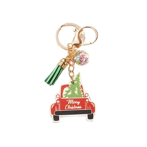 Christmas truck keychain with green leather tassel and glittery star pendant charms