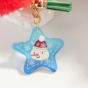 Porte-clés de Noël en acrylique avec bonhomme de neige, pompon rouge et frange verte