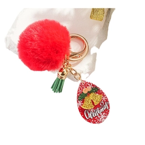Porte-clés de Noël à pompon rouge mignon avec gland vert et pendentif cloche dorée
