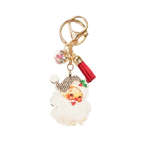 Leopard print Santa Claus keychain with red tassel and sparkling star clear ball