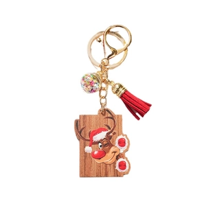 Cartoon Christmas reindeer wooden keychain with red tassel and sparkling sequin ball