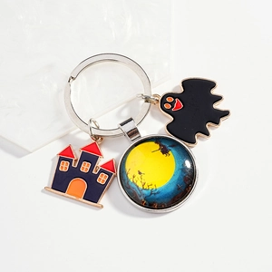 Halloween Metal Keychain With Witch Moon Glass Pendant Spooky Castle Ghost Charms For Party Women Girls Festive Gift