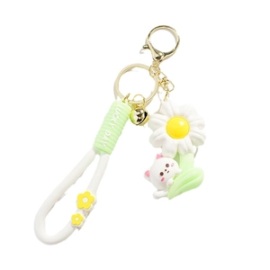 Cute cartoon cat and daisy flower keychain with lucky day silicone wristlet strap