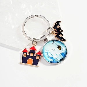 Porte-clés Halloween Cabochon en Verre Alliage Chauve-souris Château Citrouille Pendentif Style Gothique Cadeau Fête Festival