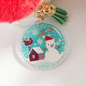 Christmas snowman acrylic keychain with red pompom, gold bell and green leather tassel