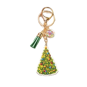 Christmas tree wooden keychain with green tassel and sparkling star sequin globe charm