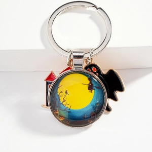 Halloween witch and moonlight glass keychain with spooky ghost and castle charms