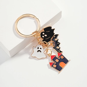 Halloween Enamel Keychain Ghost Bat Haunted Castle Pendants Gold Alloy Keychain For Women Men Halloween Party Decoration Gifts