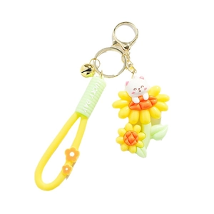 Porte-clés chat tournesol mignon avec sangle en silicone Lucky Day et clochette dorée