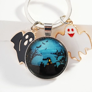 Halloween Cartoon Blue Night Castle Glass Ball Metal Keychain With Black And White Ghost Pendants Enamel Bat Key Ring