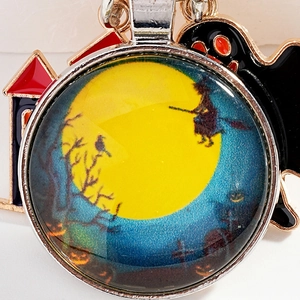 Halloween witch and moon glass keychain with enamel ghost and metal castle charms