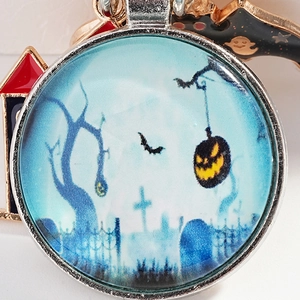 Pendentif en verre Halloween avec motifs de chauve-souris et citrouille sur porte-clés argent