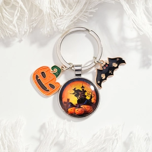 Halloween Witch Flying Over Castle Pumpkin Bat Enamel Metal Keychain With Glass Ball Charm Festive Party Favor Gift