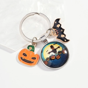 Halloween Pumpkin Bat Scarecrow Glass Keychain Metal Alloy Keyring Festival Party Bag Charm Accessories Gift For Unisex