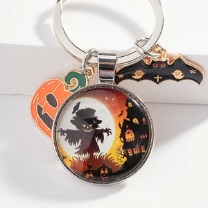 Halloween keychain with pumpkin pendant, scarecrow glass bead and black bat charm