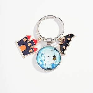 Porte-clés Halloween avec maison hantée, dôme en verre citrouille et chauve-souris