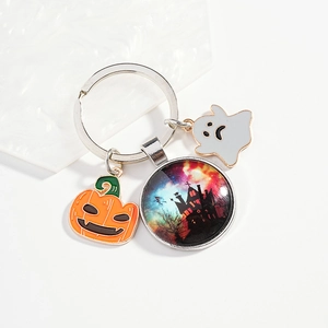Halloween Keychain Metal Pumpkin Enamel Ghost Castle Glass Pendant Creative DIY Holiday Party Bag Charm Gift For Women Men