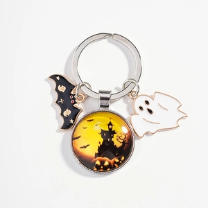 Halloween Schlüsselanhänger mit Schloss-Glas-Cabochon, schwarzer Fledermaus und Geist