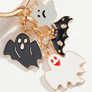 Halloween cartoon keychain with enamel ghost and bat pendants on gold metal ring