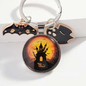 Halloween Ghost Bat Castle Keychain Glass Pendant Alloy Metal Keyring Holiday Party Car Bag Hanging Ornaments