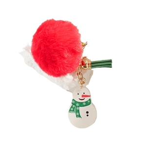 Christmas snowman keychain with red faux fur pompom, green tassel and gold metal ring
