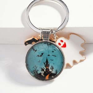 Halloween Castle Glass Metal Keychain Ghost Bat Enamel Pendant Gothic Keyring For Holiday Festival Party Backpack Decoration Gift