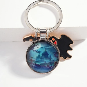 Halloween keychain with ghost castle glass dome and black bat metal charms for gifts