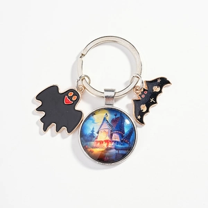 Halloween keychain with blue cartoon witch castle glass ball, ghost and bat charms