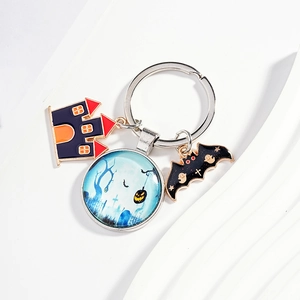 Porte-clés Halloween avec pendentif en verre, château, citrouille et breloque de chauve-souris