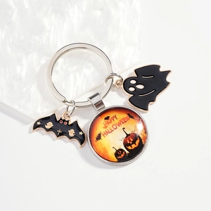 Halloween Pumpkin Bat Ghost Metal Keychain With Glass Cabochon Pendant Spooky Festival Theme Cartoon Bag Accessory Gift