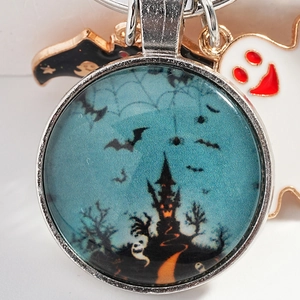Halloween keychain with castle glass pendant, black bat charm and white ghost accessory