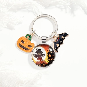 Halloween Metal Keychain Pumpkin Bat Pendant Scarecrow Castle Glass Cabochon Festive Accessory For Women Men Bag Keys Gift