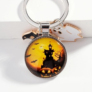 Halloween Schlüsselanhänger mit Schloss-Glaskuppel, weißem Geist und Fledermaus-Anhänger
