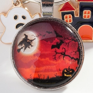 Halloween witch and ghost glass keychain with moon and haunted castle charms