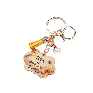 Sunflower bee key ring with wooden cloud tag honey quote and yellow tassel