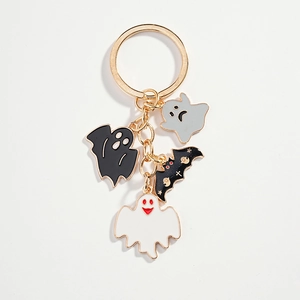 Halloween keychain with cute enamel ghost charms and a black bat on a gold ring