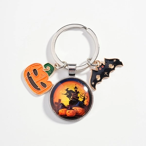 Halloween keychain with pumpkin, bat charms and witch crystal ball pendant accessory